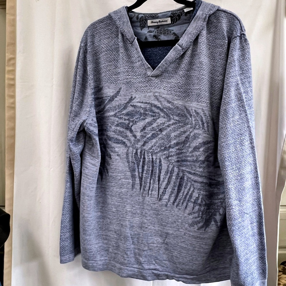 Tommy Bahama Mens XL Blue Palm Leaf Hoodie V-Neck Knit Sweater Pullover shirt